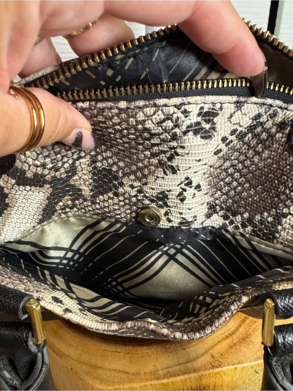 London Fog Black and Beige Python-Print Dome Satchel